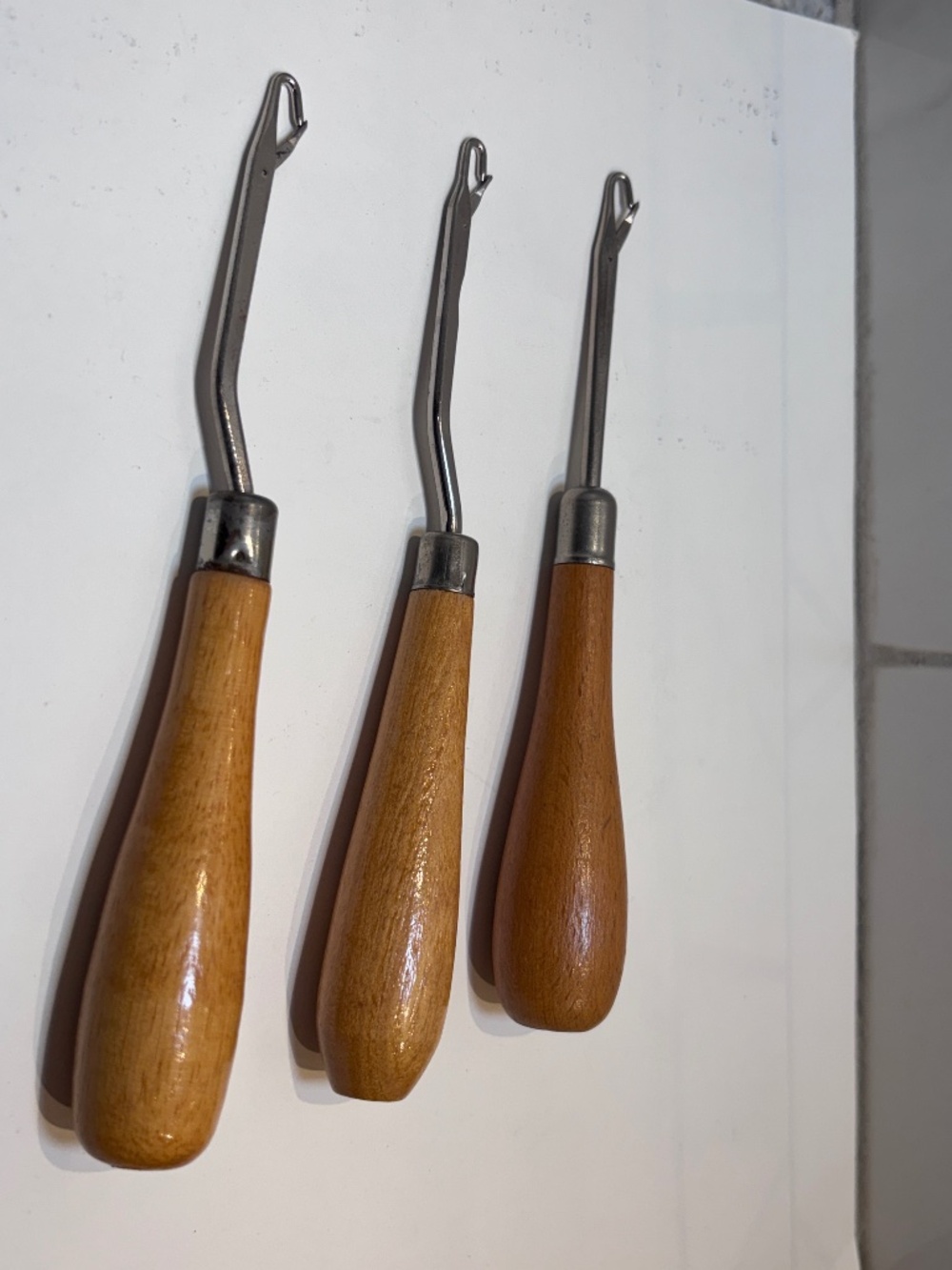 LOT OF 3 Latch Hook Rug Tool Vintage Wood Handle Bent & Straight Yarn Craft